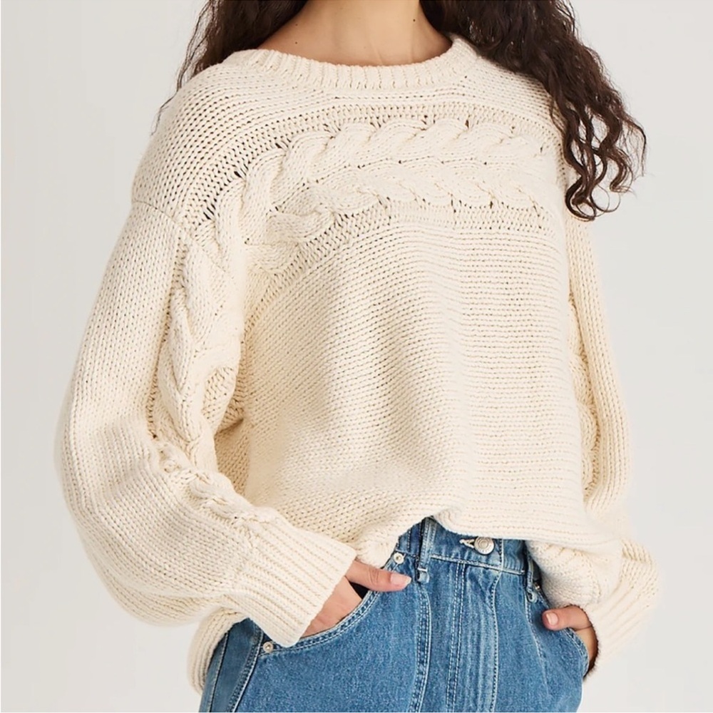 Merlette New York Serin 100% Cotton Soft Beige Cable Knit Detail Sweater Size XL
